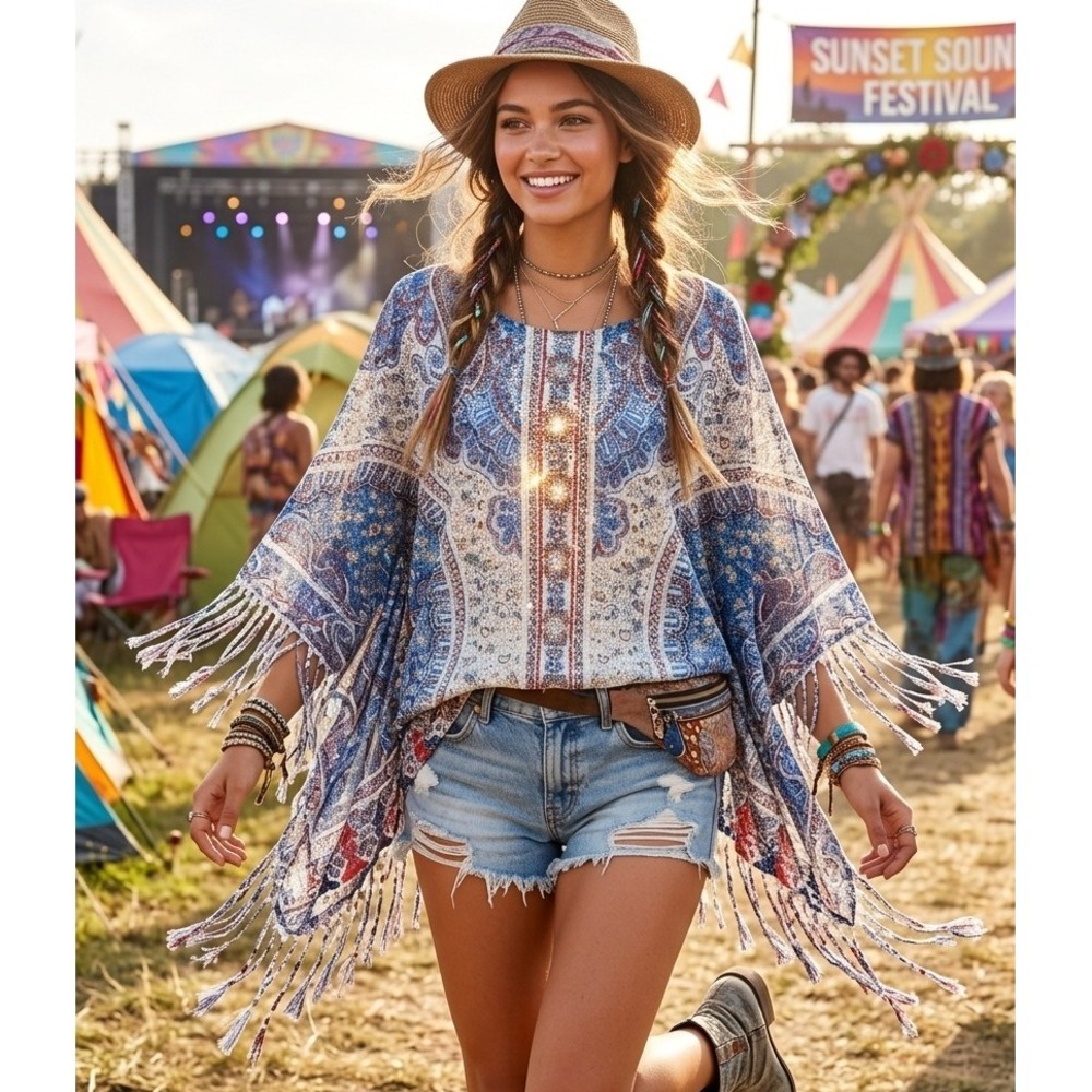 Reba Winter Desert Sky M Multi Color Top Fringe Rhinestone Cowgirl Festival Boho